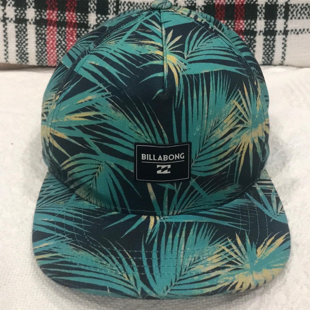 BILLABONG Flat Brim TROPICAL PALM Tree Hawaiian Green & Black Snap Back Cap Hat